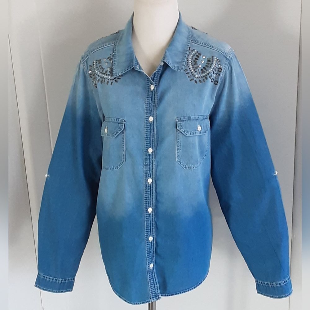 B.L.E.U. 100% Cotton Western Blue Ombre Embellished Roll Tab Denim Shirt Sz L